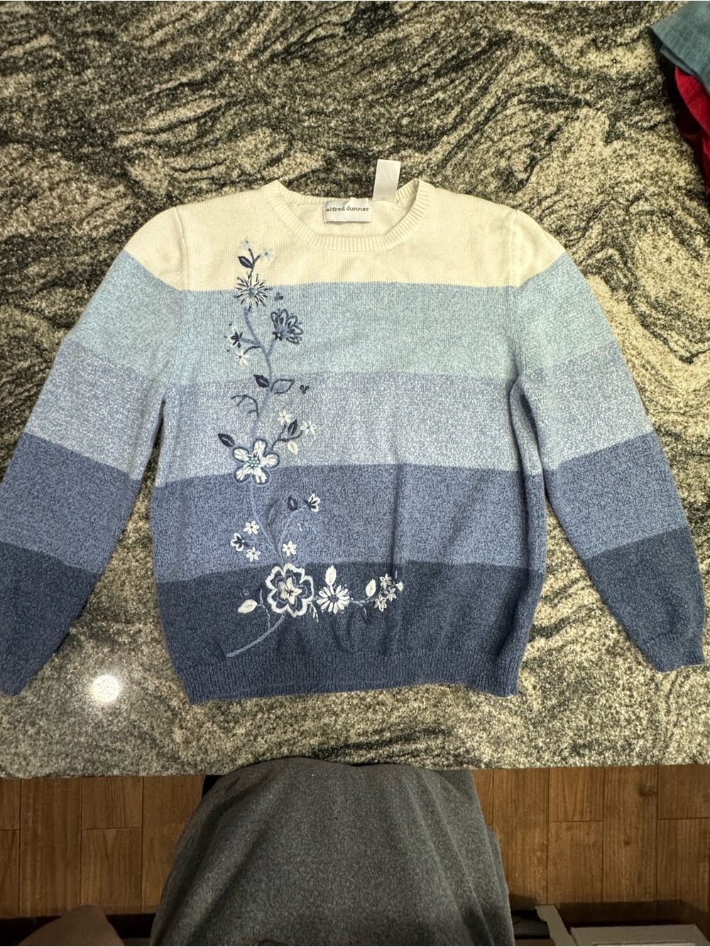 Alfred Striped Blue Floral-Embroidered Women's Sweater